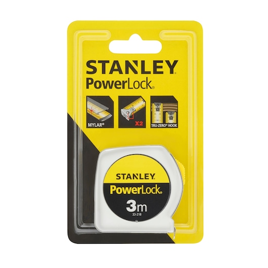 STANLEY 33-218 tape measure, 3m PowerLock model in blister packaging, front angle on white background.