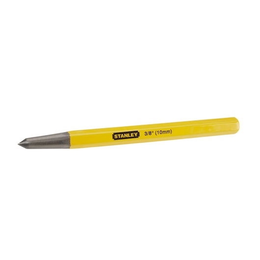STANLEY 4-18-236 yellow cold chisel, 10mm, side angle on white background.