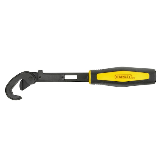 STANLEY 4-87-990 adjustable hook spanner with black and yellow handle, side view on white background.