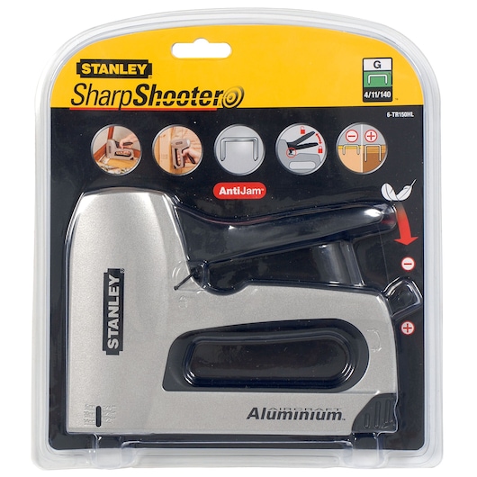 STANLEY 6-TR150HL stapler in packaging, silver and black aircraft aluminum hand tool, front angle.