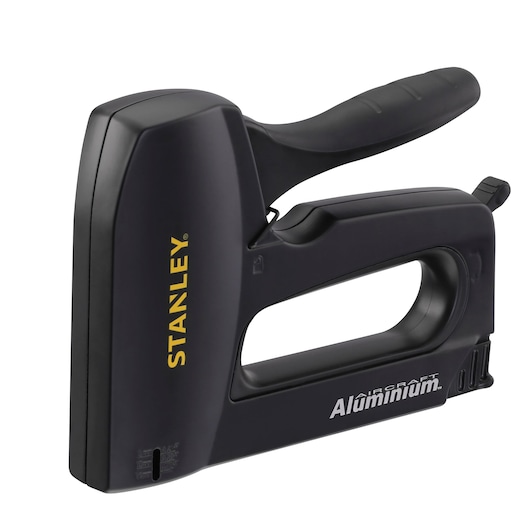 Photo of STANLEY 6-TR150L heavy-duty black aluminum staple gun, side angle on white background.