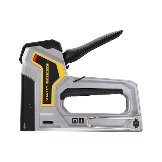 STANLEY 6-TR350 photography of FATMAX metal staple gun, side angle, silver body with black and yellow accents.