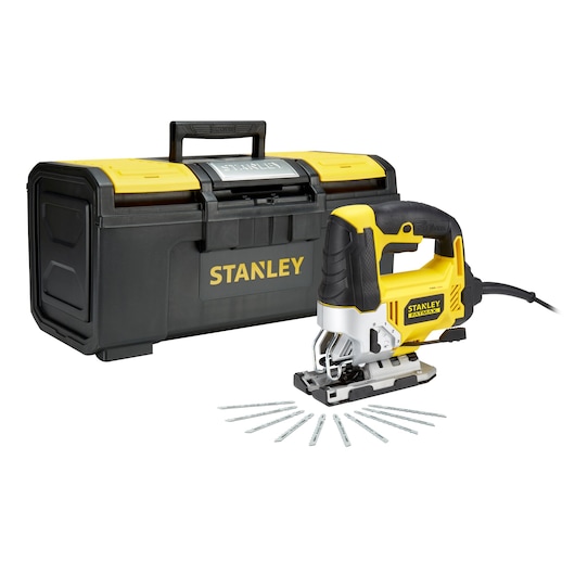 Photo of STANLEY FME340ST10 jigsaw with carrying case and ten blades, front angle on white background.