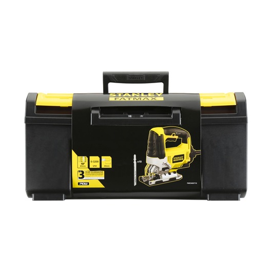 STANLEY FME340ST10 jigsaw with yellow and black case, front angle product photo.