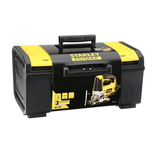 STANLEY FME340ST10 tool box with yellow lid, black body, central handle, and product branding, front angle photo.