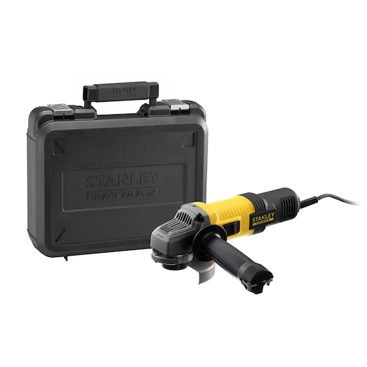 STANLEY FMEG210K angle grinder with black and yellow body, shown with hard plastic carrying case, front angle.