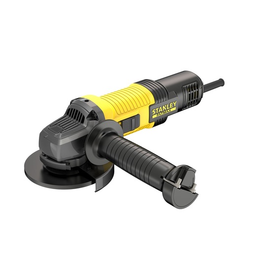 Photo of STANLEY FMEG220KA angle grinder, black and yellow, side angle on white background.