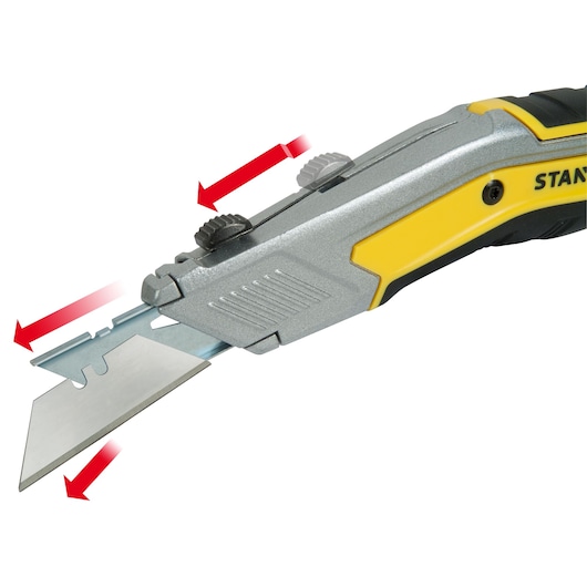STANLEY FMHT0-10288 utility knife with retractable blade, yellow and black handle, side view.