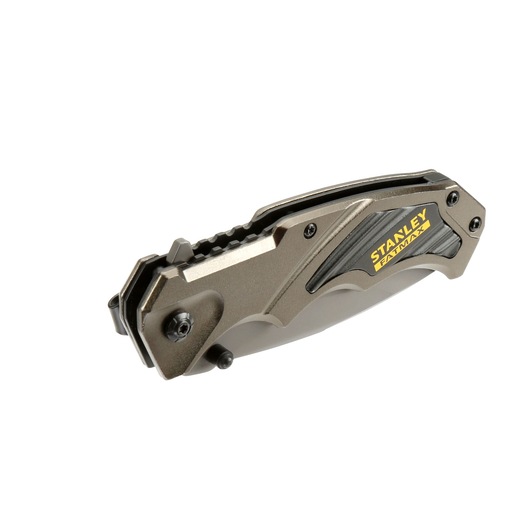 Stanley FMHT0-10311 folding utility knife, side angle, metallic body, black grip, closed position.