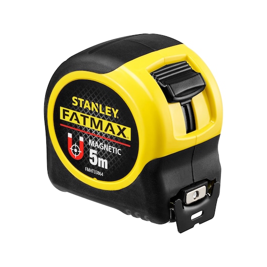 STANLEY FMHT0-33864 FATMAX magnetic 5m tape measure, yellow and black, front angle photo.