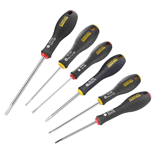 Stanley screwdriver set with six ergonomically designed black handles for different screw types and sizes.