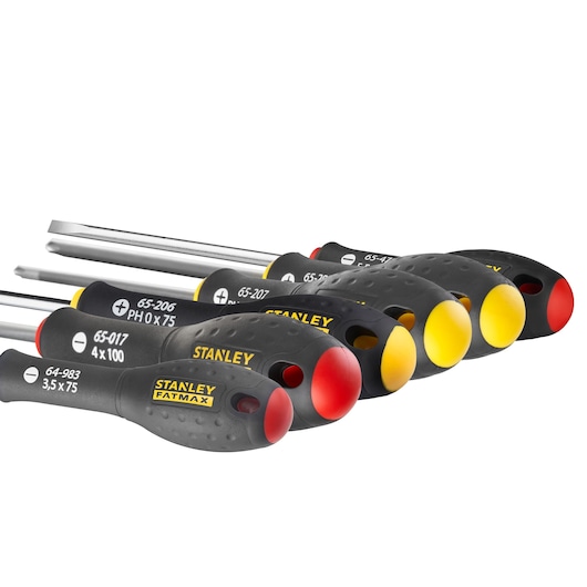 Stanley FatMax screwdriver set with black handles and colored ends, various sizes and types displayed.