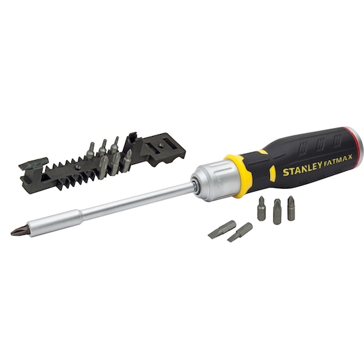 Stanley FatMax screwdriver with interchangeable bits and holder, shown on a white background.