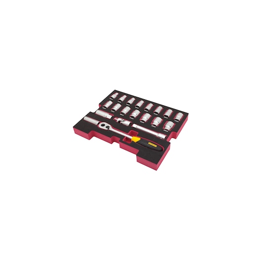 STANLEY FMHT0-74297 socket set with ratchet and extension bars in black and red foam tray, angled view.