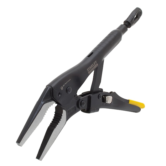 STANLEY FMHT0-74888 locking pliers with long serrated jaws, black and yellow handle, side angle, on white background.