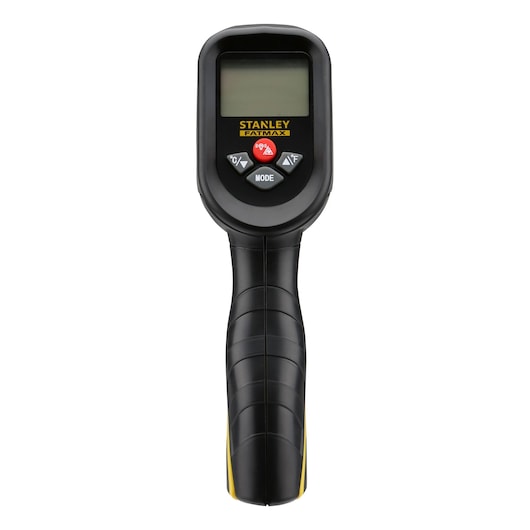 STANLEY FMHT0-77422 infrared thermometer, front view, with black and yellow handle and control buttons.