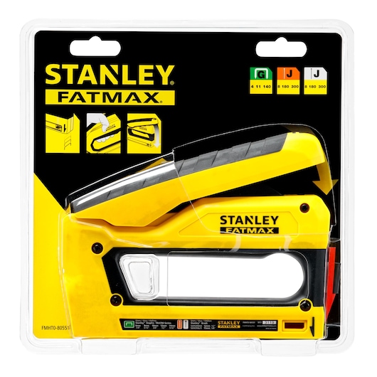 STANLEY FATMAX FMHT0-80551 yellow and black manual stapler front angle in clear retail packaging.