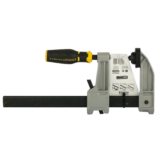 STANLEY FMHT0-83244 heavy-duty bar clamp with black and yellow handle, side angle on white background.