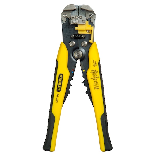STANLEY FMHT0-96230 wire stripper and cutter, yellow and black handles, front angle photo.