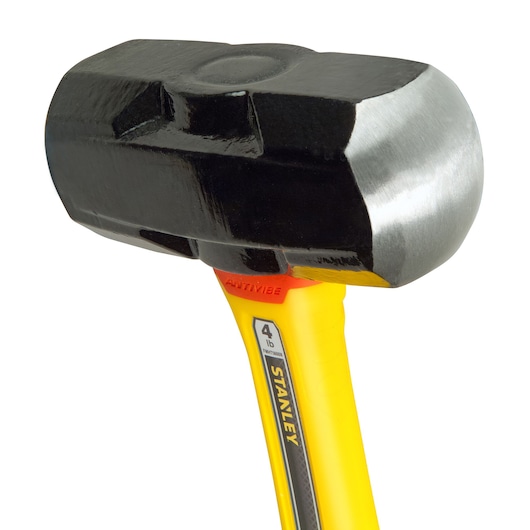 Photo of STANLEY FMHT1-56008 sledge hammer with yellow anti-vibe handle, close-up angle on white background.