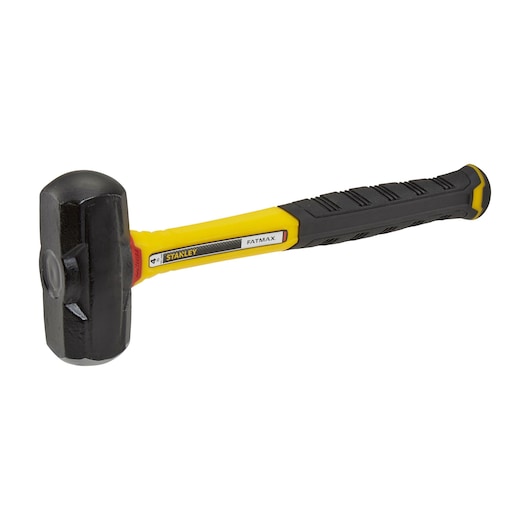 STANLEY FMHT1-56009 club hammer with black head, yellow and black grip handle, side angle on white background.