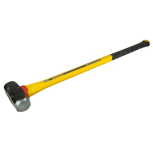 Photo of STANLEY FMHT1-56010 sledgehammer with yellow fiberglass handle, angled on white background.