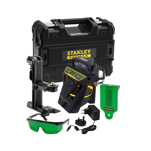 STANLEY FMHT1-77356 green rotary laser level kit with case, mounting bracket, green glasses, charger, and accessories, front view.