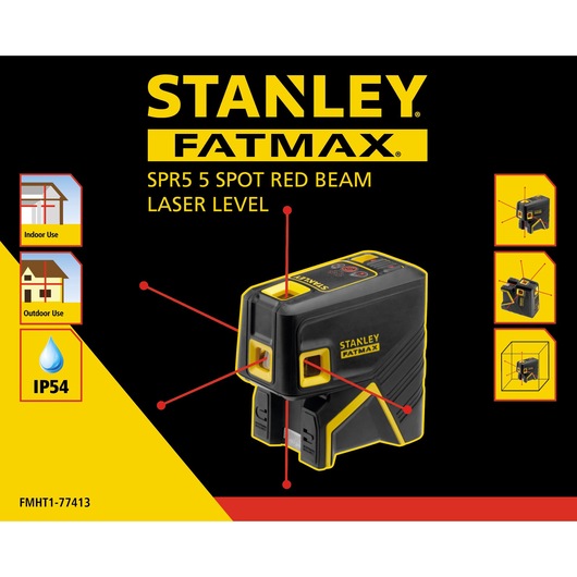 STANLEY FMHT1-77413 SPR5 5 spot red beam laser level, angled front view, black and yellow body.