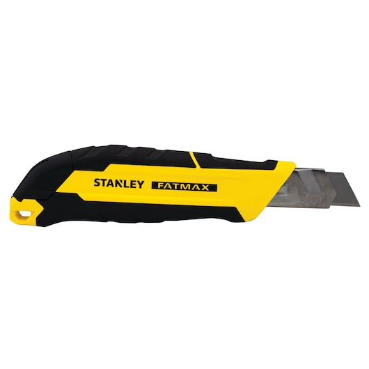 Stanley FATMAX utility knife, yellow and black, side view on white background, retractable blade extended.