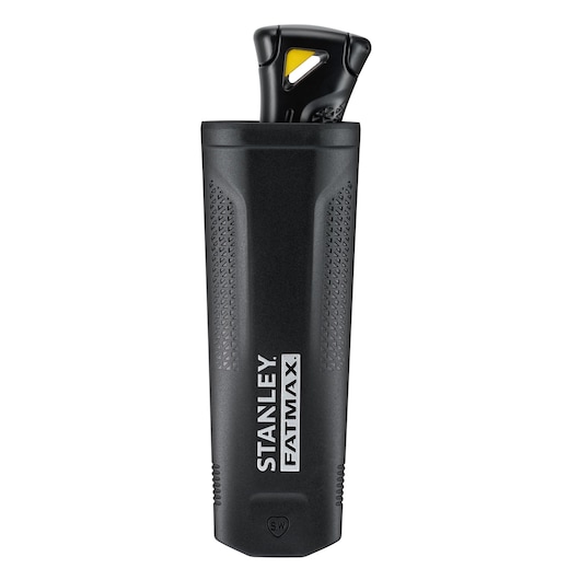 STANLEY FMHT10500-0 utility knife with black ergonomic case, front angle on white background.