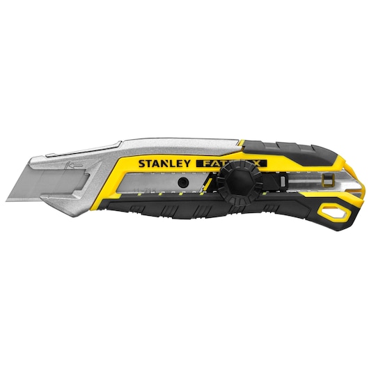 Stanley FATMAX utility knife side profile on white background, yellow and black handle with exposed blade