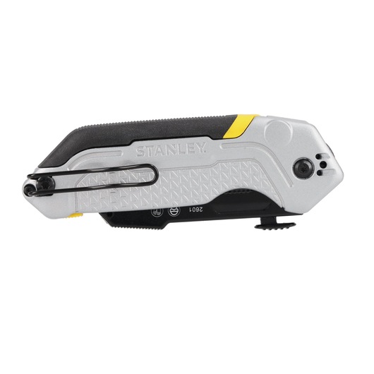 STANLEY FMHT10621-0 folding utility knife, silver and black, side view, with pocket clip and textured grip.