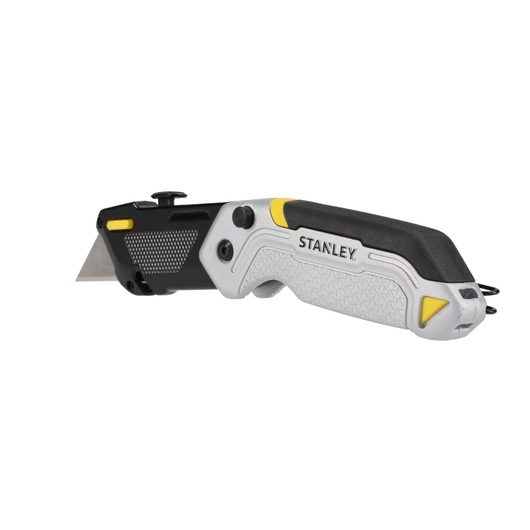 STANLEY FMHT10621-0 folding utility knife with silver, black, and yellow handle, side view, white background.