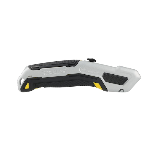 Photo of STANLEY FMHT10722-0 folding utility knife, silver and black, side view, with yellow accents, white background.