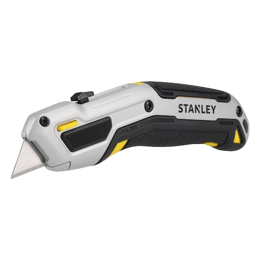 Photo of STANLEY FMHT10722-0 silver and black utility knife with yellow accents, side angle, on white background.