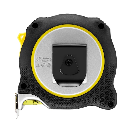 STANLEY FMHT38232-0 tape measure rear view with black clip and textured black-yellow casing.