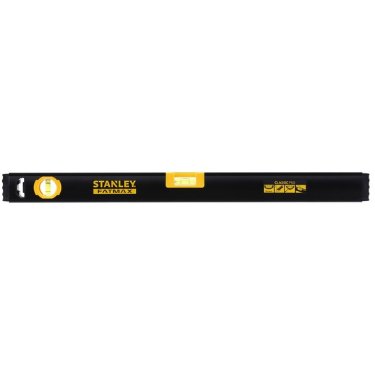Photo of STANLEY FMHT42554-1 spirit level, black and yellow, front view, with FATMAX logo and clear vials.
