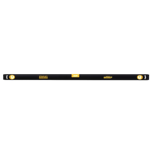 Photo of STANLEY FMHT42559-1 spirit level, black with yellow accents, front angle on white background.