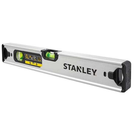 STANLEY FMHT43671-1 box beam spirit level with silver body, black end caps, and large horizontal vial, angled view.