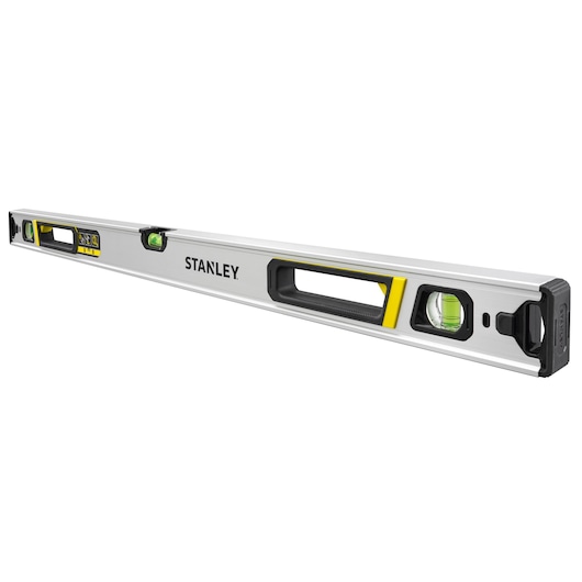 STANLEY FMHT43674-1 spirit level with aluminum body, three vials, and ergonomic handle, angled on white background.