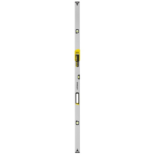 Photo of STANLEY FMHT43678-1 box beam spirit level, silver body with black and yellow accents, front view.