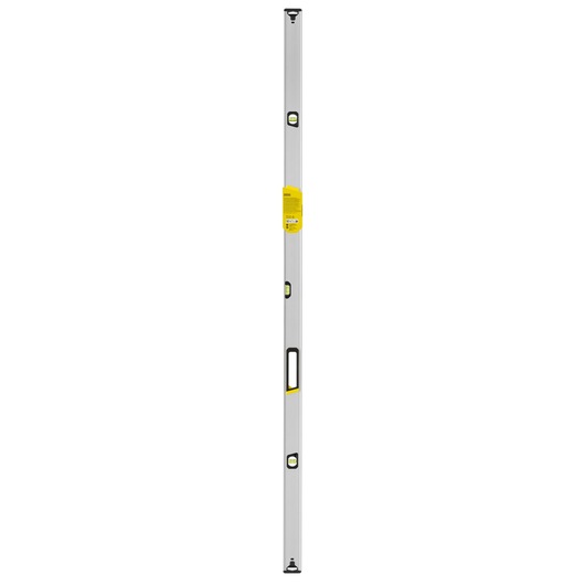 STANLEY FMHT43678-1 spirit level, silver with black and yellow accents, top view on white background.