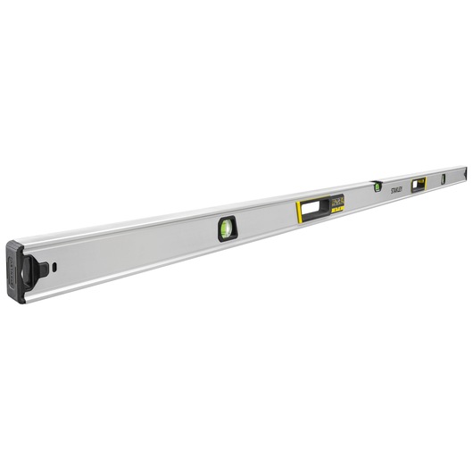 STANLEY FMHT43679-1 aluminum spirit level, straight angle, silver body with vial windows, white background.