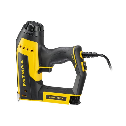 Photo of STANLEY FATMAX FMHT6-75934 electric multi-tacker, yellow and black, side angle on white background.