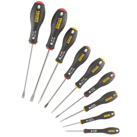 Stanley set of eight screwdrivers with black and yellow handles, arranged in a fan shape on white background.