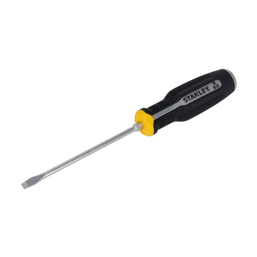 STANLEY FMHT65700-0 slotted screwdriver with black and yellow handle, side angle on white background.