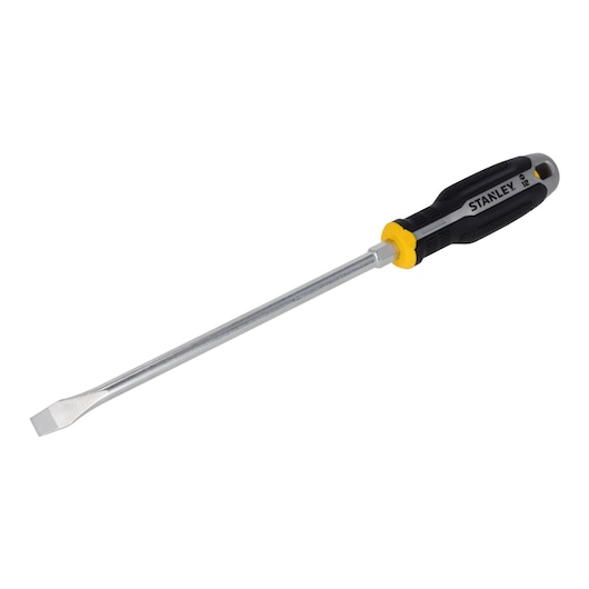 Photo of STANLEY FMHT65703-0 flathead screwdriver with black and yellow handle, angled on white background.