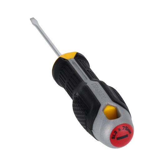 STANLEY FMHT65708-0 slotted screwdriver with black, yellow, and grey handle, front angle on white background.