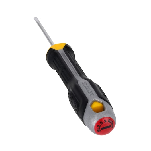 STANLEY FMHT65710-0 slotted screwdriver, black and yellow handle, product photo on white background.