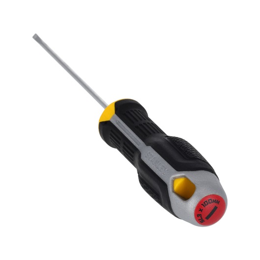 Photo of STANLEY FMHT65711-0 slotted screwdriver, black and yellow handle, side angle, white background.